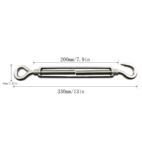Built Tough 304 Stainless Steel Hook Eye Turnbuckles, M12 Adjustable Wire Rope Tensioners, 330mm length, heavy duty use.