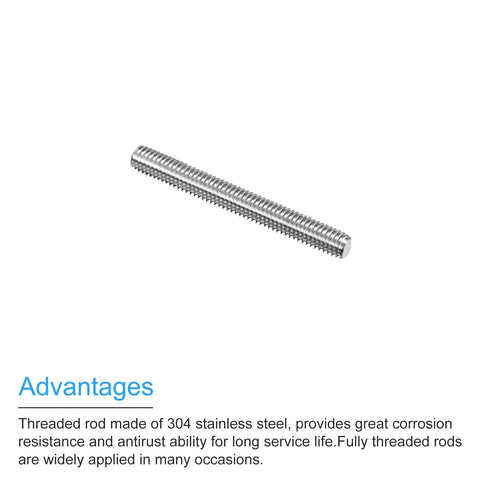 M6 x 50mm 304 stainless steel fully threaded rod with 1mm pitch, right-hand thread.