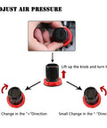 Diagram showing adjustment of Airbrush Compressor Inline Regulator With Filter and Oil Water Trap Moisture Separator, knob turning instructions.