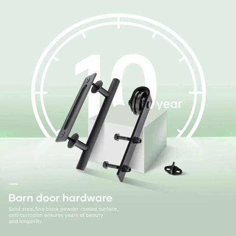 Black barn door hardware kit components including handles and pulleys displayed on a stand with a 10-year guarantee message.