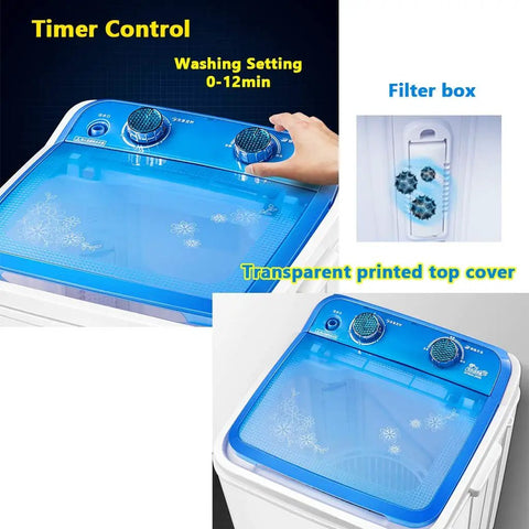Compact Portable Washer Machine With Timer Dial Single Tub Laundry Cycle Built For Apartments Rv Dorms Easy Spin Dry 6kg Capacity showing timer control and filter box.
