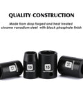 13 Piece 3/8 Inch Drive Shallow Impact Socket Set Includes 7mm To 19mm Metric 6 Point CR-V Steel High Torque Radius Corner Sockets Drop Forged Black Phosphate Finish For Heavy Duty Auto Repairs, showcasing size markings 10, 13, 15 on sockets with "QUALITY CONSTRUCTION" text above.