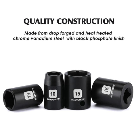 13 Piece 3/8 Inch Drive Shallow Impact Socket Set Includes 7mm To 19mm Metric 6 Point CR-V Steel High Torque Radius Corner Sockets Drop Forged Black Phosphate Finish For Heavy Duty Auto Repairs, showcasing size markings 10, 13, 15 on sockets with "QUALITY CONSTRUCTION" text above.