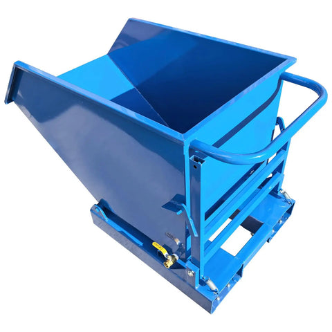 Heavy Duty Steel Self Dumping Hopper And Forklift Bin With Dual Brake Casters And Drain Valve, 2200 Lb, blue steel design for warehouse hauling.