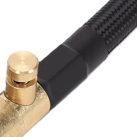 Heavy Duty Tire Inflator Extension Hose With M Six Quick Connect Air Chuck Reaching Recessed Valve Stems Easily On Cars Trucks And Motorcycles 16 Centimeters Long Tube close-up of brass chuck and black braided hose