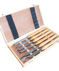Six Piece Hss Woodturning Chisel Set Featuring Carbide Tips And Fully Heat Treated Shafts For Precision Lathe Cutting And Diy Woodworking Projects Solid Gear That Stays Nasty Sharp in a wooden case.