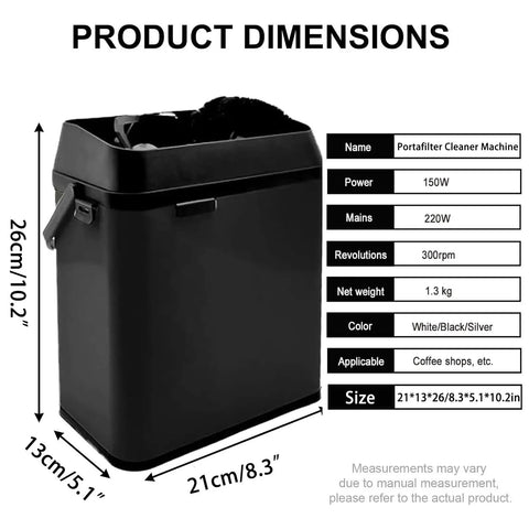No Sweat Electric Portafilter Coffee Cleaner With Built In Knock Box dimensions of 21x13x26 cm displayed clearly in black.