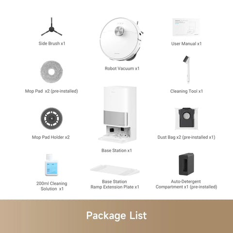 Package list for Robot Vacuum And Mop With Crazy 10000 Pa Suction MopExtend Tech All In One Base Station 75 Day Auto Empty.