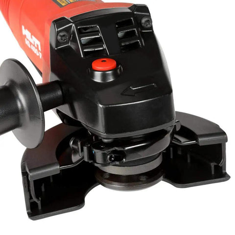 Close-up of 7 Amp 4.5 Inch Angle Grinder With Dead Man Switch Slim Red Powerhouse For Metal Cutting And Grinding Accepts Standard 4.5 Inch Discs