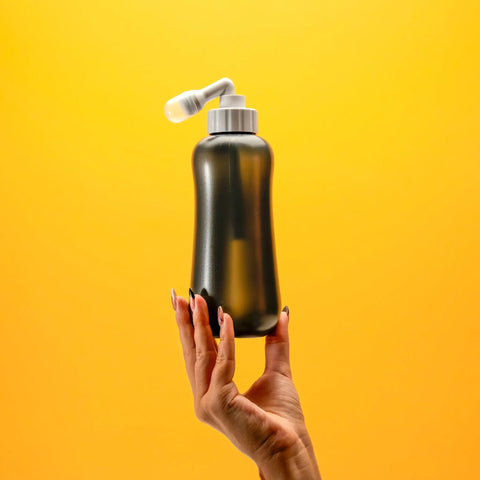 MicroJet MJ 450 Portable Bidet And Peri Bottle Sprayer For Travel held against yellow background