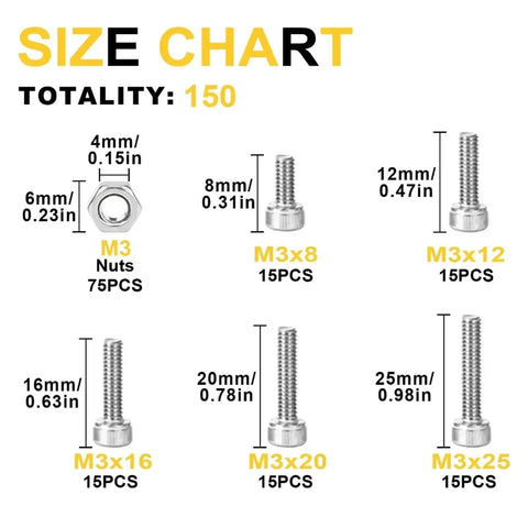 150 Piece M3 Hex Bolts And Nuts Set In 304 Stainless Steel With Handy Storage Box For Diy Repairs And Home Projects Versatile Fasteners For Maintenance Woodworking Automotive And Electronics size chart showing M3 nuts and bolts