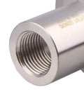 Close-up of stainless steel 304 sanitary pipe fitting featuring a 1.5in tri-clamp to 3/8in FNPT ferrule for food and beverage equipment.