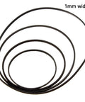 Rubber Drive Belt Set for DVD CD VCR and Cassette Players, showing black belts of various sizes with 1mm width.