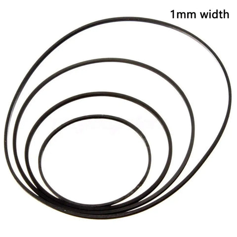 Rubber Drive Belt Set for DVD CD VCR and Cassette Players, showing black belts of various sizes with 1mm width.