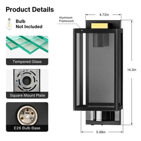Motion Sensor Outdoor Wall Light Dusk To Dawn Black Square Exterior Lantern For Porch And Garage Three Mode Setting With Easy Adjustable Panel Modern Wall Mount Lights Bulb Not Included, showing detailed dimensions and features including aluminum frame and tempered glass.