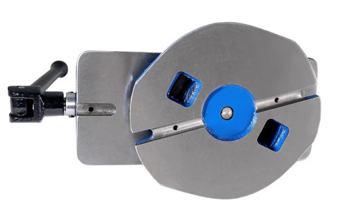 Beefy 3 Inch Heavy Duty Precision Swivel Base Milling Machine Vise With Quick Lock Hinged Handle Blue Finish Close-up