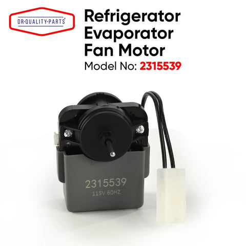 Front view of Refrigerator Evaporator Fan Motor Replacement Part 2315539 for Whirlpool and Kenmore models with product label visible.