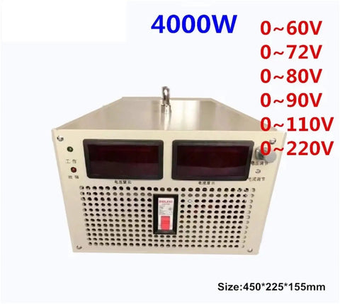 Heavy Duty 4000W Adjustable AC DC Switching Power Supply with dual display and customizable voltage settings for labs.