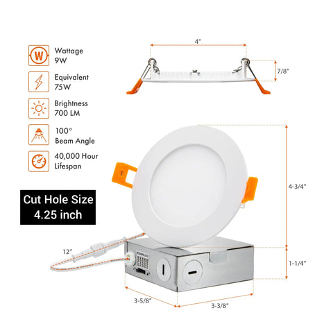 4-Pack 3-Inch LED Color Selectable Ultra-Thin Recessed Ceiling Downlights With J-Box, product dimensions and specifications