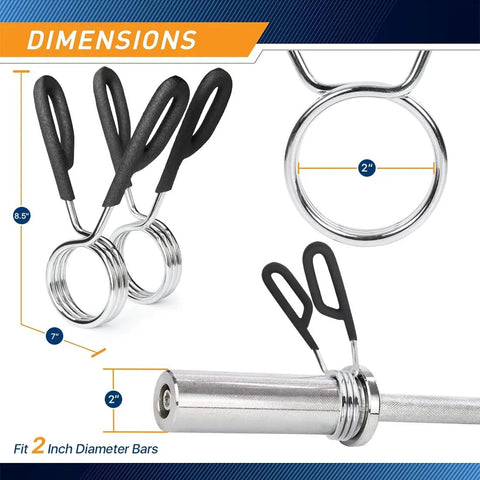 Olympic Bar Spring Clip For 2 Inch US Bars Heavy Duty Steel Clamp With Chrome Finish Secure Grip And Quick Release Ideal For Home Gym Weightlifting Racks Durable Performance showing dimensions and installation on bar