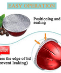 Aluminum Foil Lids For Reusable VertuoLine Coffee Capsules 64mm Compatible With Nespresso VertuoLine Machines 100 Pack BPA Free Food Grade Recyclable Eco Packaging illustrating sealing process and instructions for use.