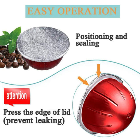 Aluminum Foil Lids For Reusable VertuoLine Coffee Capsules 64mm Compatible With Nespresso VertuoLine Machines 100 Pack BPA Free Food Grade Recyclable Eco Packaging illustrating sealing process and instructions for use.