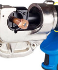 Close-up of Uwytgf Rechargeable Electric Hydraulic Crimping Pliers showing the rotating head with a copper crimp connector.