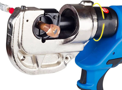 Close-up of Uwytgf Rechargeable Electric Hydraulic Crimping Pliers showing the rotating head with a copper crimp connector.