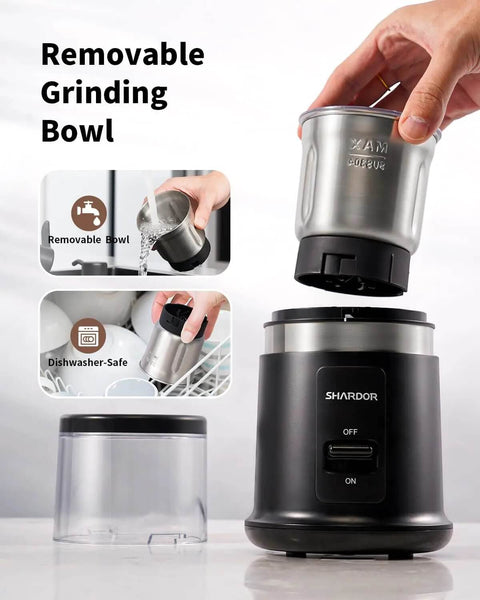 One Touch Coffee And Spice Grinder With Removable Stainless Steel Cup for beans spices seeds, quiet electric dry grinder shown.