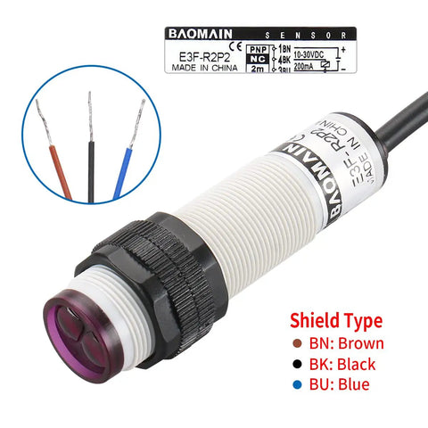 Retroreflective Photoelectric Sensor Switch E3F R2P2, 10-30V DC, PNP NC Output, close-up showing wiring and M18 3-wire thread
