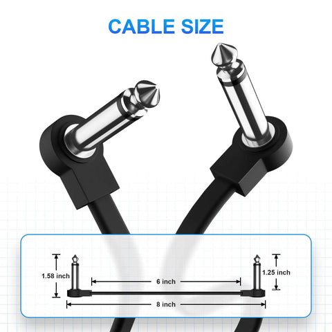 Six Pack 6 Inch Right Angle Flat Guitar Patch Cables with size diagram, space saving low profile pedalboard cables