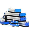 Stack of blue and silver Robot Arm Gripper With Integrated Vacuum Generator And Built In Check Valves For No Hassle Reliable Suction