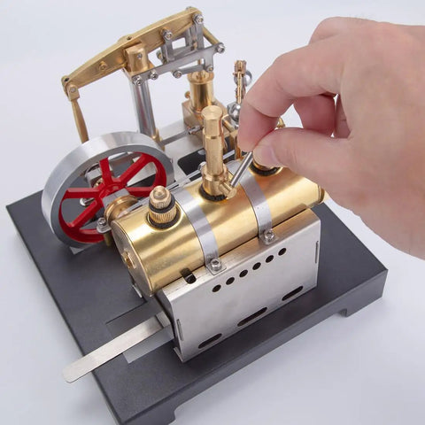 Hand adjusting Hands On Steam Engine Model Kit With Boiler For DIY Projects, Metal Beam Engine Build For Tinkerers, 84 Piece Educational Set