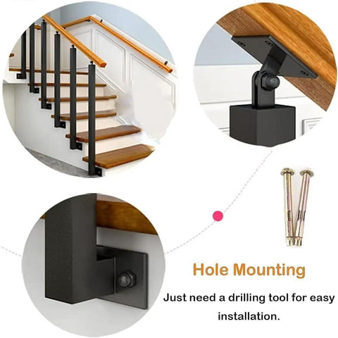 Adjustable Flat Bracket Spindle Post Side Mount Railing Column Kit Square Wrought Iron Banister Guardrail Black Finish close-up with drill tools