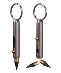 Mini Titanium Infinity Pencil Inkless Writing Tool with Graphite Tip 2.32 inch keychain, spare nibs visible.
