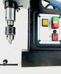 Knockout Performance Heavy Duty Magnetic Drill Press Built Like A Tank For Real Contractors With Two Speed Settings Three Inch Capacity And 1850 Watt Muscle For Any Metal Project, close-up of motor and controls.