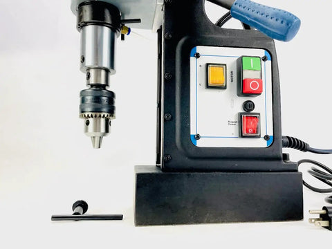 Knockout Performance Heavy Duty Magnetic Drill Press Built Like A Tank For Real Contractors With Two Speed Settings Three Inch Capacity And 1850 Watt Muscle For Any Metal Project, close-up of motor and controls.