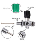 4500 Psi Scuba Tank Valve DIN Yoke M18x1.5 Copper Body High Flow Design with black and green knobs, burst disk visible