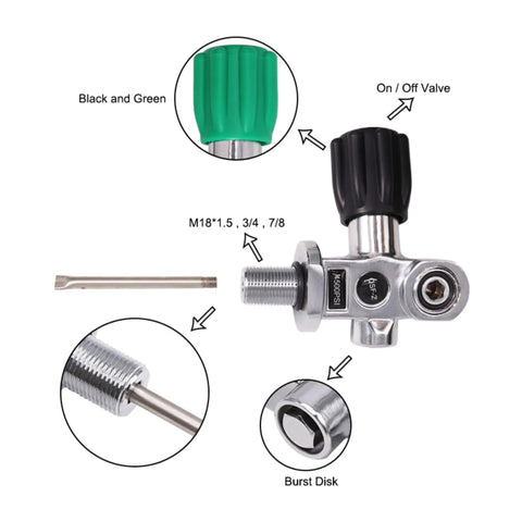 4500 Psi Scuba Tank Valve DIN Yoke M18x1.5 Copper Body High Flow Design with black and green knobs, burst disk visible