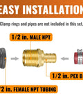 Diagram of DIY Friendly One Half Inch PEX Fittings Kit showing 1/2 in. male NPT to PEX brass adapter installation instructions