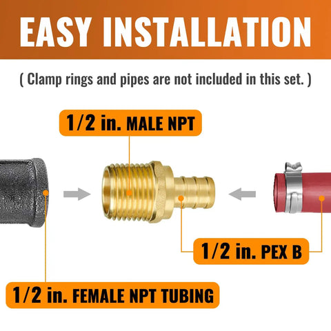 Diagram of DIY Friendly One Half Inch PEX Fittings Kit showing 1/2 in. male NPT to PEX brass adapter installation instructions