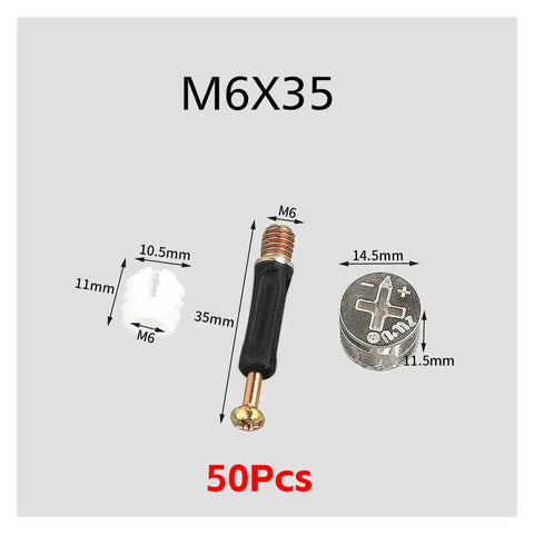 Cam Lock Connectors M6 Set For Flat Pack Furniture, 50 Or 100 Pieces Hidden Fastener Hardware, includes cam screw bolt cap