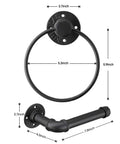 Industrial Black Toilet Paper Holder And Towel Ring Set For Bathroom, Wall Mounted Hardware Kit In Matte Black Iron Finish.