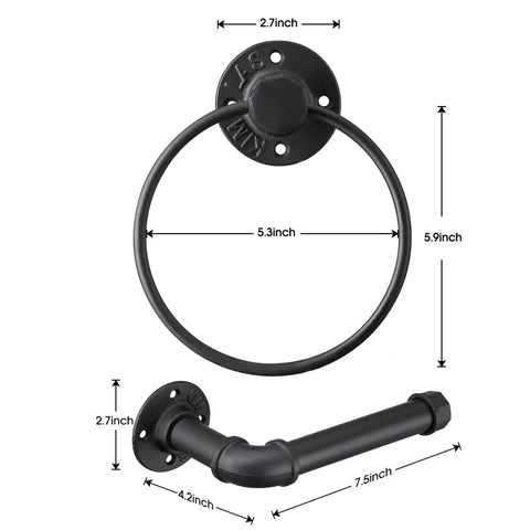 Industrial Black Toilet Paper Holder And Towel Ring Set For Bathroom, Wall Mounted Hardware Kit In Matte Black Iron Finish.