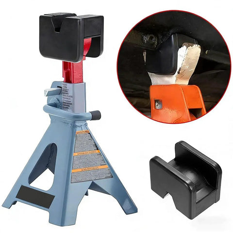 Four Rubber Car Jack Stand Pads With Grooved Design And Non Slip Surface Floor Jack Support Adapters For Pinch Welds shown with auto jack