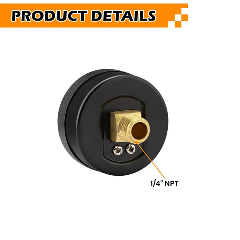 Back view of 2 Inch Dial Air Pressure Gauge For Air Compressors And Filters Center Back Mount Quarter Inch NPT Brass Internals