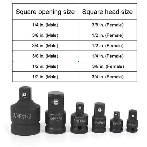 Rugged 6 Piece Impact Socket Adapter Kit With Hard Cr Mo Steel Sleeves For 1/2 And 1/4 Inch Drives, 6 sizes