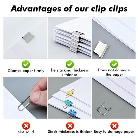 Advantages of Portable Binder Clip Stapler Set With Reusable Clip Dispenser And 100 Metal Refills shown with clips and paper.