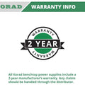 Korad warranty info banner with 2-year warranty seal for Precision Variable DC Power Supply 30V 5A With Dual Four Digit LED Displays.