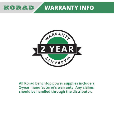 Korad warranty info banner with 2-year warranty seal for Precision Variable DC Power Supply 30V 5A With Dual Four Digit LED Displays.